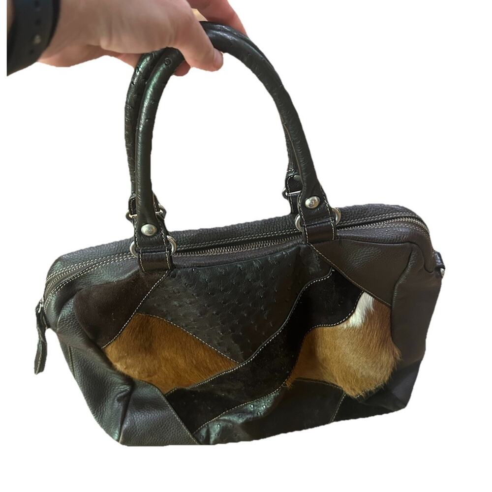 Mashad Leather Patchwork Cowhide Hair On Bag Ostrich Leather Satchel Purse -